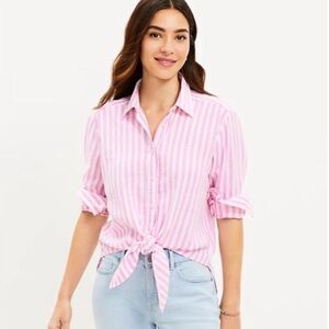 NEW! LOFT Striped Linen Blend Tie Front Button Down Shirt White & Pink Sz XS